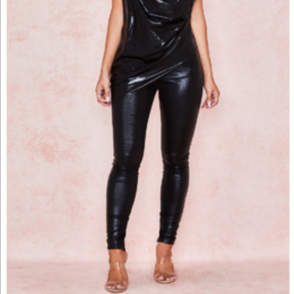 HOUSE OF CB 'BISOU' BLACK WET LOOK TROUSERS